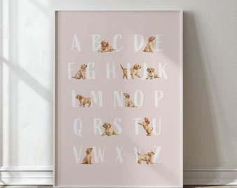 Labrador alfabet print, Golden Retriever ABC print, hond alfabet kinderkamer print, puppy ABC poster, kunst aan de muur kinderkamer hond, hond ABC poster, P831