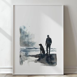 Labrador Retriever on the beach print, Man and Dog wall art, Gift for Dog Lovers, Watercolor Labrador Print, Digital Download, Gift for him