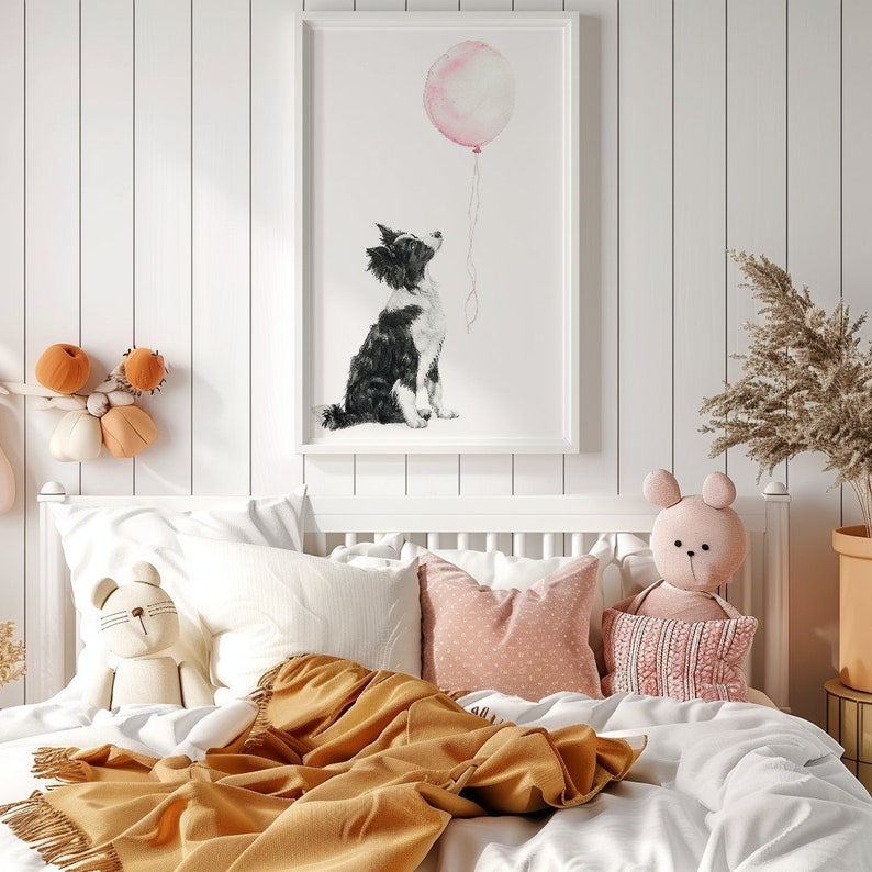 Arte de pared de Border Collie, impresión de guardería de perro, decoración de guardería de cachorro, impresión de Border Collie, arte de pared para habitación de niña, arte de guardería lindo, imprimible imagen 3