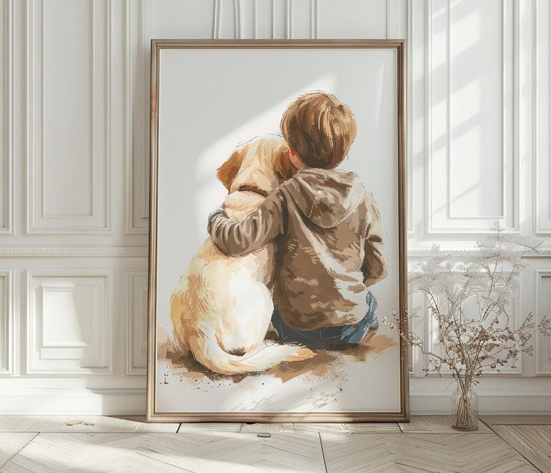 Labrador Retriever nursery print, Boy and Dog print, Toddler room decor, Dog nursery wall art, Kid room decor, Printable kids art, Download image 1