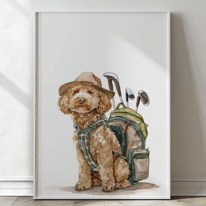 May include: A watercolor painting of a brown and white dog wearing a brown hat and a green backpack with golf clubs sticking out of the top. The dog is sitting on a white background.