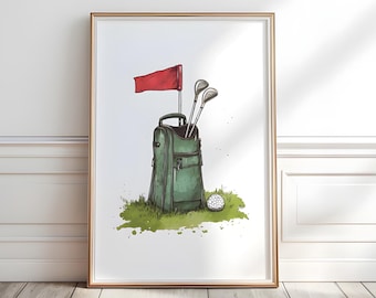 Golf Bag Wall Art, Vintage Style Golf Print, Golf Clubs Nursery Art, Sports Office Decor, Boys Room Printable Art, Golf Lovers Gift ,P564