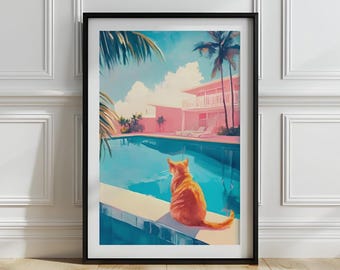Retro Orange Cat Print: Mid Century Modern Poolside Art (Digital Download