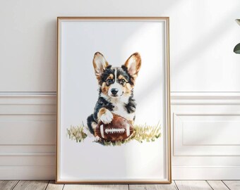 Impression de chambre de bébé football Corgi Puppy : art mural sport (téléchargement numérique)