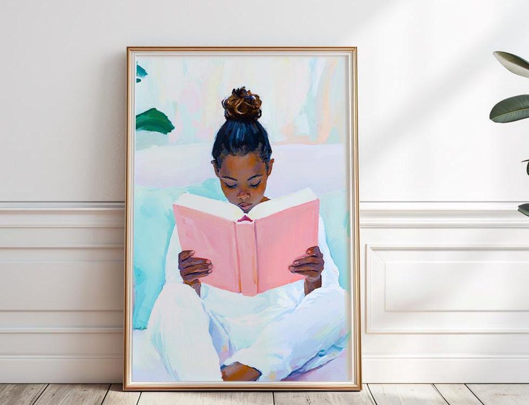 Black Girl Reading Print, Dark Skin Little Girl Reading a Book Painting ...