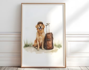 Golden Retriever golf print, Golden Retriever portrait, Dog Golfing Wall Art, Watercolor golf print for nursery, Golden Retriever gift,P446