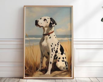 May include: A painting of a Dalmatian dog sitting on a beach with tall grass. The dog is looking to the right and has a black collar. The background is a blue sky with white clouds and a blue ocean.