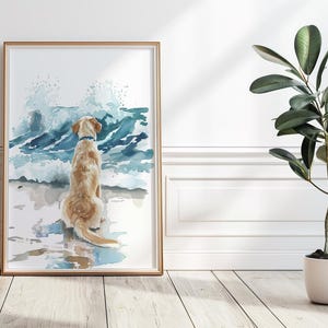 May include: A watercolor painting of a golden retriever dog sitting on a beach, looking out at the ocean waves. The dog is wearing a blue collar and the waves are crashing behind it.