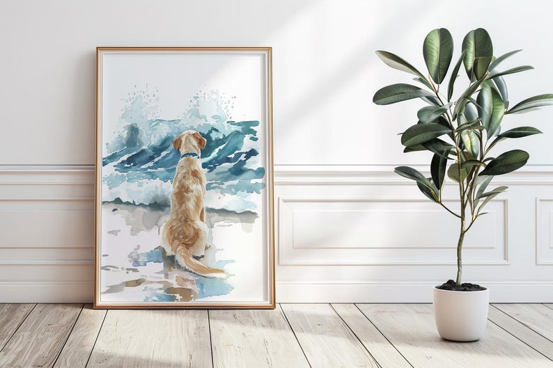 May include: A watercolor painting of a golden retriever dog sitting on a beach, looking out at the ocean waves. The dog is wearing a blue collar and the waves are crashing behind it.