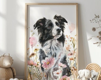 Väggkonst med border collie, hundbarnrumstryck, valpbarnrumsdekor, border collie-tryck, flickrum, söt barnrumskonst, utskrivbar konst