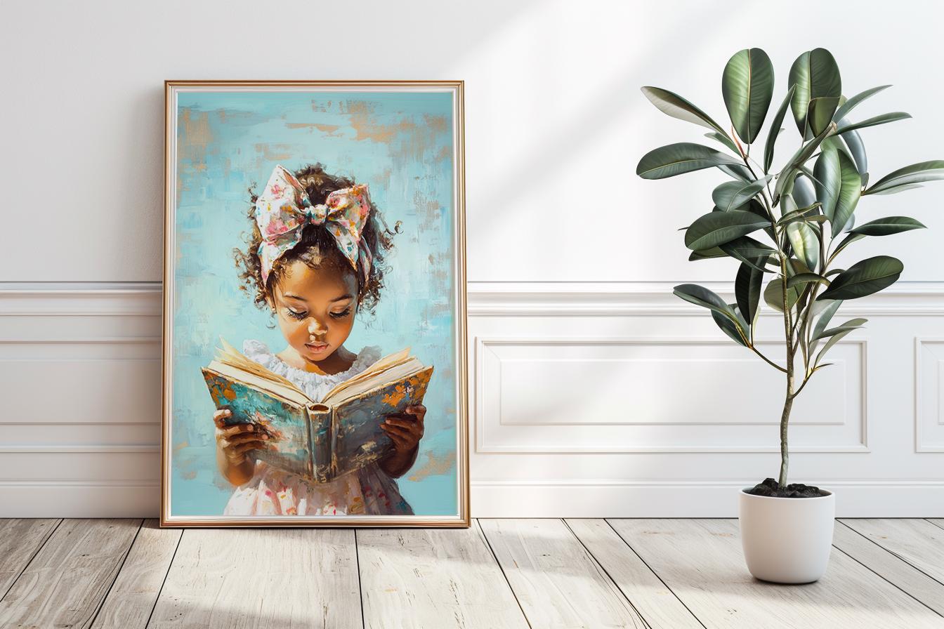 Black Little Girl Reading Print, Dark Skin Girl Reading a Book Painting ...