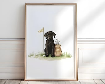 Impresión de Labrador Golf: Arte de acuarela para guardería de cachorro retriever (descarga digital)
