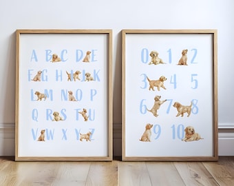 Golden Retriever ABC-posterset: puppyalfabet, cijfers (digitale download)