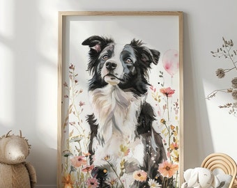 Arte infantil de Border Collie: Impresión floral de cachorro (descarga digital)