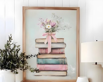 Blumen Bücher Stapel Druck: Vintage Bücher, Pastell Blumen (Digitaler Download)