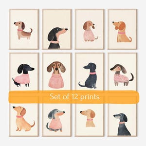 May include: Set of 12 framed prints featuring watercolor illustrations of dachshund dogs. Each dog is depicted in various poses, wearing pink sweaters and collars. The prints have a cream-colored background and are displayed in a grid.