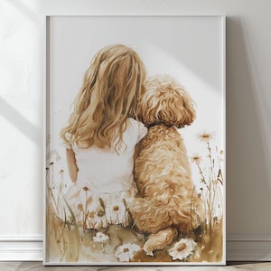 May include: A watercolor painting of a girl with long blonde hair sitting with her arm around a golden brown dog. They are both surrounded by white flowers and green foliage.