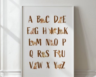 Labrador alfabet print, golden retriever alfabet print, hond alfabet kinderkamer print, puppy ABC poster, kunst aan de muur kinderkamer hond, hond ABC poster