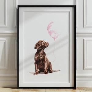 Schokoladen Labrador Retriever mit rosa Ballon Druck, Hundeposter, Hundeposter, Mädchenzimmer Wandbild, Welpen Kinderzimmer Poster, Printabe