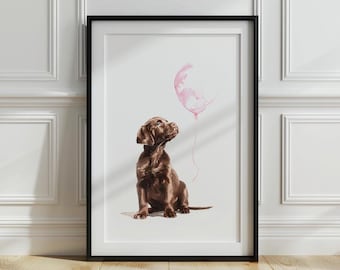 Chocolate Labrador Retriever with pink balloon print, Puppy wall art, Dog nursery print, Girl  Room Wall Art ,Puppy nursery decor,  Printabe