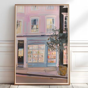 Bookshop Wall Art, Cozy Bookish Art, Pastel Reading Nook Print, Pink Book Store Printable, Book Lover Gift, Library Home Office Artwork,P409