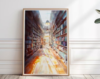 Bookstore Watercolor Painting, Library Art Print, Reading Nook Decor, Book Lover Wall Art, Books poster, Bookish Art Print,Printable,P#147