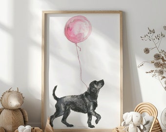 Labrador Retriever print, Puppy wall art, Dog nursery print, Girls Room Wall Art ,Puppy nursery decor,  Black Labrador with Balloon,Printabe