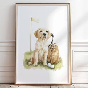 Labrador Retriever golf print, Yellow Labrador art, Sport nursery Art, Puppy dog playing golf, Watercolor golf print, Digital Download, P436