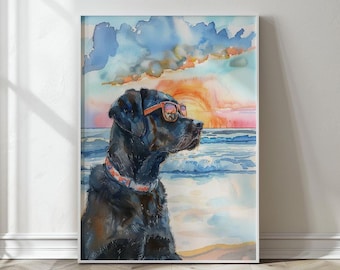 Labrador negro con gafas de sol (estampado), Labrador en acuarela en la playa, Arte mural de Labrador Retriever, Regalo para amantes de los perros, Verano Digital