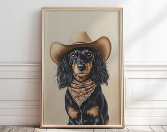 DACHSHUND Cowboy Print, Wiener dog wall art, Sausage dog poster, Black and Tan  Dachshund in hat portrait, Wiener Digital DOWNLOAD, P #310