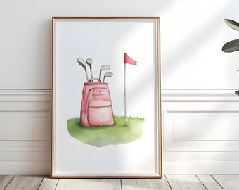 Pink Golf Nursery Art, Pink Golf Bag nursery print, Watercolor Golf Print, Printable golf dorm poster, Pink Golf Decor, Golf Lover Gift,P606