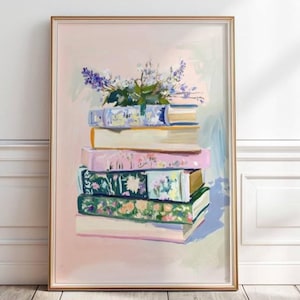 Stack of Books Painting, Book Lover Wall Art, Bookish Decor, Bookworm Printable Art, Pastel Library Art, Floral Stack of Books, P#357