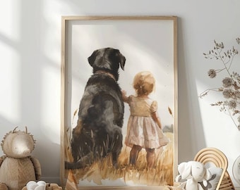 Labrador Retriver nursery print, Girl and Dog  print, Dog nursery wall art, Kid room decor, Watercolor labrador, Black Labrador, Download