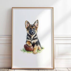 German Shepherd Football Nursery Print, Puppy Playing Football, Sports nursery Print, Football Nursery Decor, Toddler Wall Art, P#195