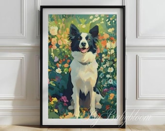 以下が含まれることがあります： 花咲く庭にいるボーダーコリー犬の額入りアートプリント。 白と黒の毛並みの犬が微笑んでいます。 このアートワークは、鮮やかな色と風変わりな雰囲気を持つ絵画風のスタイルです。 フレームは黒です。