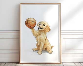 Golden Retriever Basketball Nursery Print: Dog Sports Art (Digital Download