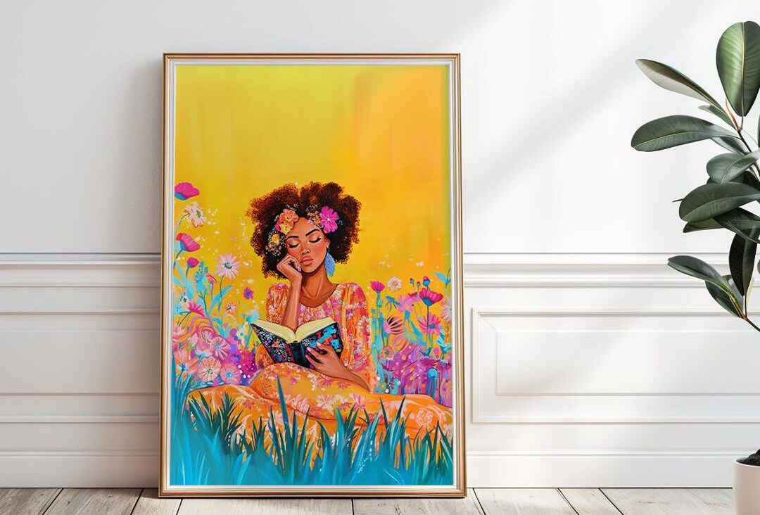 Black Woman Reading Book Painting, African American Girl Wall Art, Dark ...
