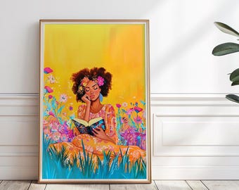 Black Woman Reading Book painting, African American girl Wall Art, Dark Skin girl reading print, Book Wall Art, Library Painting, P#138