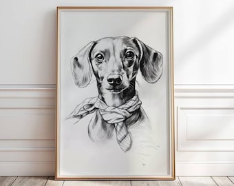 Impression d'esquisse de portrait de teckel : art rétro de chien de saucisse de Vienne (téléchargement numérique)
