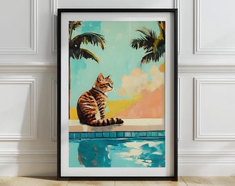 Retro Cat Print: Miami Poolside Tabby Art (Digital Download