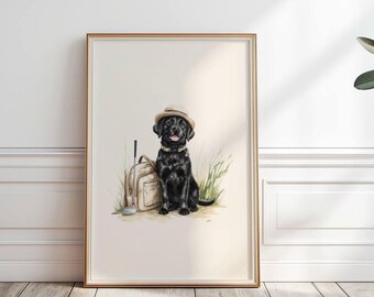 Impresión de golf de Labrador Retriever, arte de pared vintage de Labrador negro jugando al golf, perro jugando al golf, decoración de habitación infantil de golf, arte de Labrador imprimible, P#142