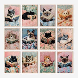 May include: A collection of twelve framed art prints showing cats reading books in bed. The cats, in various colours and breeds, are resting on floral bedding. The artwork has a vintage, whimsical style, reminiscent of classic illustrations.