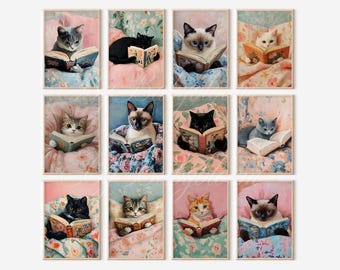 May include: A set of twelve framed art prints featuring cats reading books in bed. The cats are depicted in various colors and breeds, resting on floral patterned bedding. The artwork has a vintage, whimsical style.