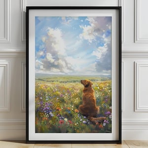 Golden Retriever in Wildflower Field, Dog in Flower Meadow Painting, Landscape Painting, Golden Retriever Nursery Wall Art, P800