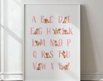 Golden retriever-alfabetafdruk: poster hond ABC-kwekerij (digitale download)