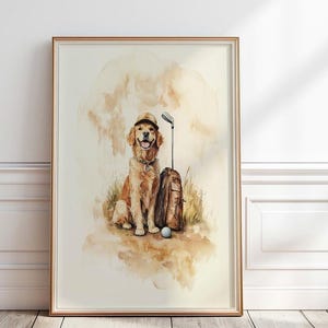 Golden Retriever golf print, Vintage dog Golfing Wall Art, Golden Retriever Playing Golf, Watercolor golf print, Golden Retriever gift,P#133