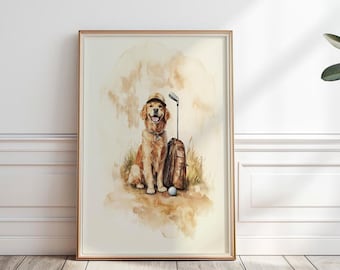 Golden Retriever golf print, Vintage dog Golfing Wall Art, Golden Retriever Playing Golf, Watercolor golf print, Golden Retriever gift,P#133