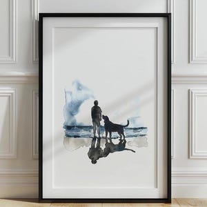 Labrador Retriever on the beach print, Man and Dog wall art, Gift for Dog Lovers, Labrador Watercolor , Digital Download