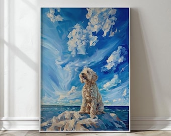 May include: A painting of a white dog sitting on a rock with a blue sky and white clouds in the background.