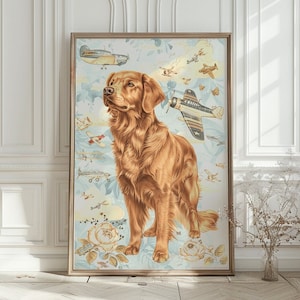 Golden Retriever vintage print, Vintage nursery wall art, Red Golden print, Dog nursery print, Baby boy room decor, Printable wall art